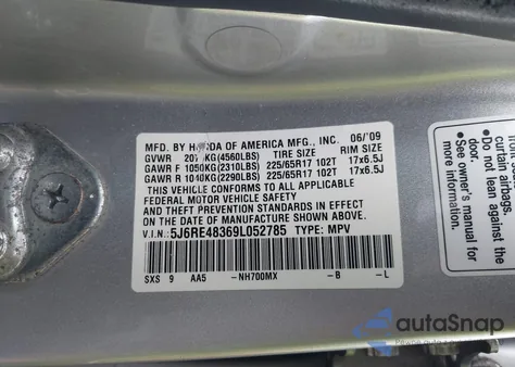 2009 Honda Cr-V Lx from USA, damaged, VIN 5J6RE48369L052785